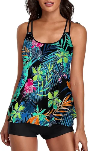 Vista 2 de Omichic Trajes de baño para mujer tankini para dos piezas blusa sin mangas con pantalones cortos