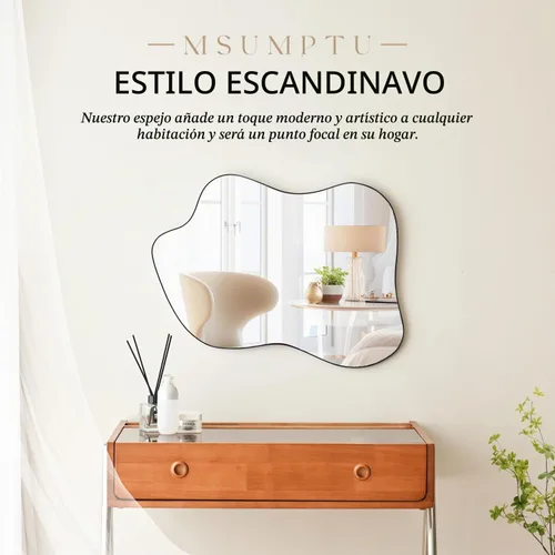 Vista 2 de Espejo de Pared Irregular Negro con Forma de Onda, Espejo de Pared con Marco de Metal para Baño, Dormitorio, Entrada, Sala de Estar, Decoración
