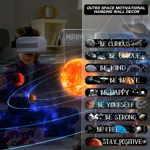 Vista 4 de Yalikop Placa para colgar en la pared del sistema solar con temática espacial para dormitorio, con citas