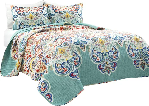 Vista 9 de Lush Decor Juego de Edredón Reversible de Algodón Boho Chic de 3 Piezas, Full/Queen, Verde Espuma de Mar y Rojo - Estampado Paisley Brillante, Juego