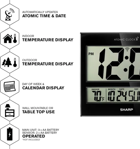 Vista 3 de Sharp Reloj de pared digital atómico, pantalla de 3", sensor de temperatura Negro