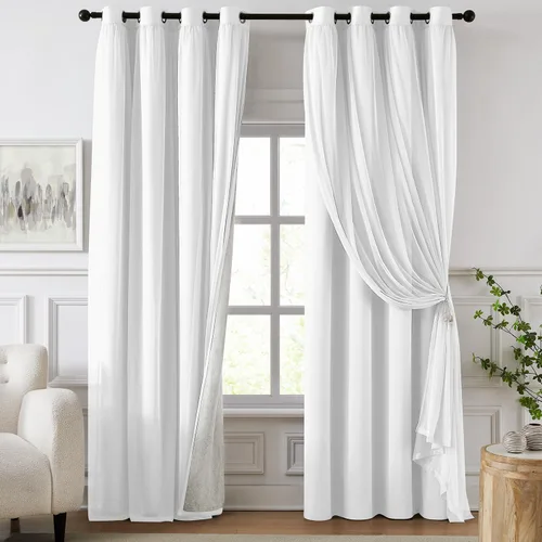 Vista 17 de cortinas 100% opacas para dormitorio, cortinas rosadas de doble capa, cortina oscura de 96 pulgadas de largo con superposición transparente