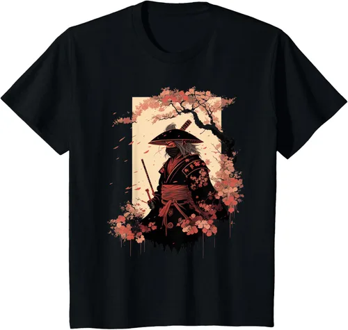 Vista 74 de Camiseta estética vintage samurái de arte japonés samurái retro cereza, Negro