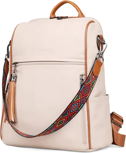 Vista 7 de FADEON Mochila de cuero para mujer, diseño de mujer, bolsa de hombro de moda, mochila de viaje convertible de PU, E Beige Con Marrón, Medium