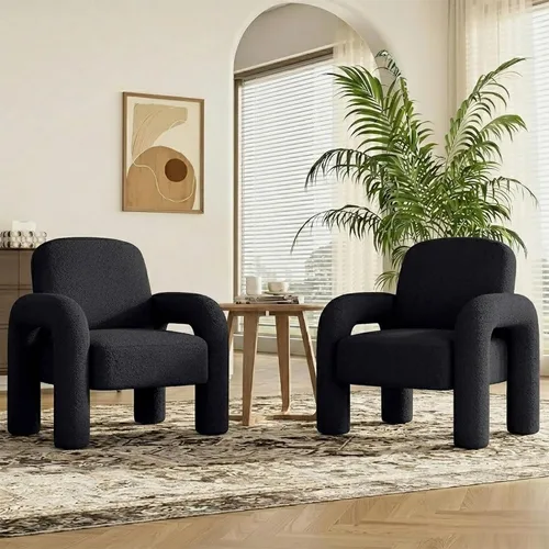 Vista 18 de Dewhut Silla moderna con acento Sherpa, sofá individual tapizado de estilo teddy, silla de lectura acogedora y esponjosa para sala de estar Negro
