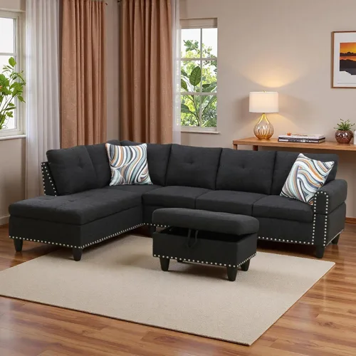 Vista 3 de Sofá seccional en forma de L con chaise móvil y otomana de almacenamiento, cómodo sofá modular convertible de 3 piezas para sala de estar