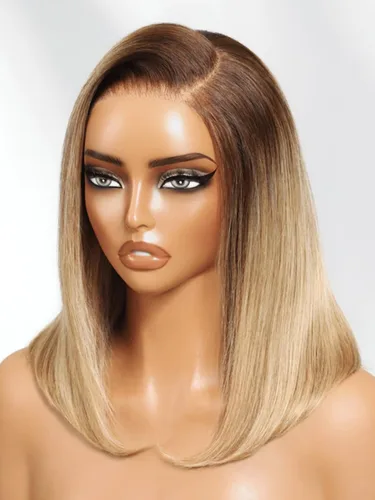 Vista 4 de Pelucas de cabello humano Bob de Beauty Forever, rubia con raíces marrones, parte lateral, corte recto, 7x5 encaje HD, adiós a los nudos, peluca Bob