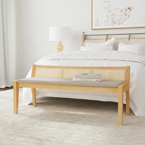 Vista 7 de Powell Kasi - Banco de caña de respaldo bajo natural con asiento tapizado beige