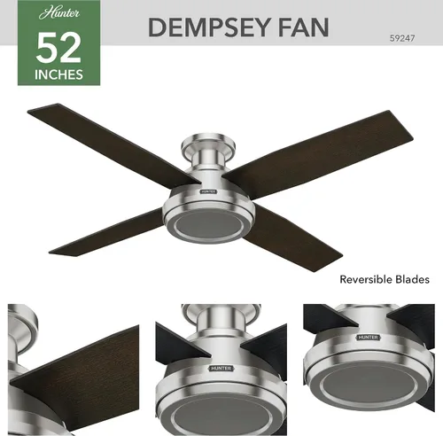 Vista 8 de Hunter Dempsey, ventilador de techo, para interiores, sin luz, 52 pulgadas Acabado cepillo níquel (Brushed Nickel Finish)