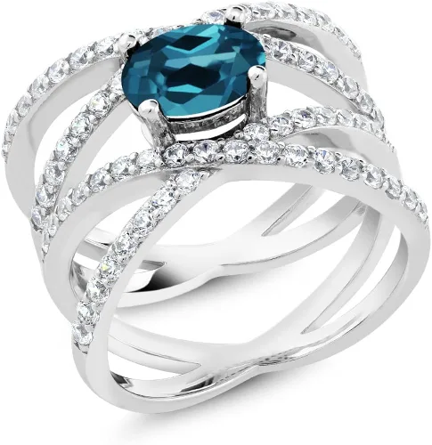 Vista 2 de Gem Stone King Anillo de compromiso de plata de ley 925 con topacio azul Londres para mujer