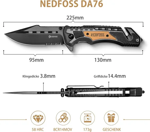 Vista 3 de NedFoss Cuchillo plegable de bolsillo DA75 Mini, cuchillo de bolsillo 3 en 1 para hombres, cuchillo de supervivencia de 2.95 pulgadas con cierre