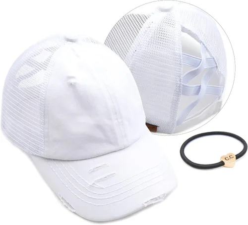 Vista 79 de C.C Gorra de béisbol de malla con diseño de estrella brillante, gorra de camionero ajustable para moño o cola de caballo Una banda elástica-negro