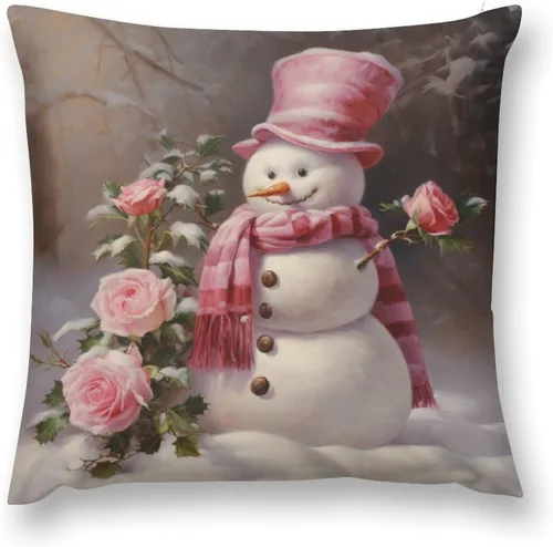 Vista 2 de Funda de cojín de muñeco de nieve con rosas rosadas, bufanda y sombrero, funda de almohada para cama, decoración moderna para sofá, dormitorio, sala