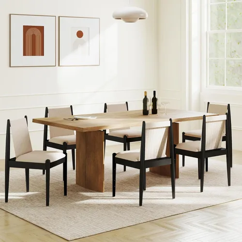 Vista 7 de DUOMAY Juego de 2 sillas de comedor modernas tapizadas de lino beige, sillas de madera sin brazos con cojín de asiento acolchado y marco resistente