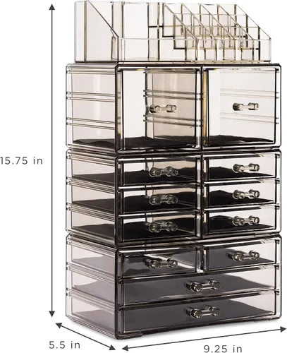 Vista 3 de Sorbus Organizador Grande de Maquillaje - Organizador Transparente y Apilable de Joyería y Maquillaje para Tocador, Almacenamiento de Baño, Cajonera