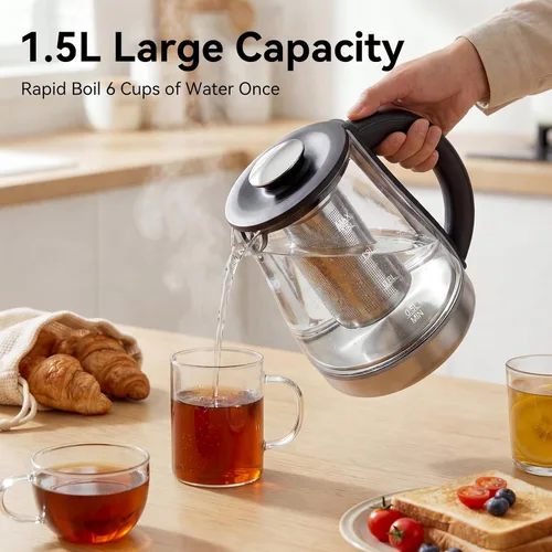 Vista 6 de Hervidor eléctrico con infusor de té, sin BPA, 1200 W, calor rápido, 1.5 L