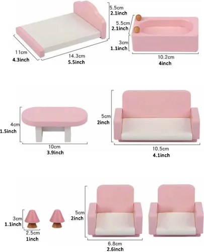 Vista 4 de Juego de 22 piezas de muebles de casa de muñecas de madera - Baño, cocina, dormitorio, sala de estar, juego de 4