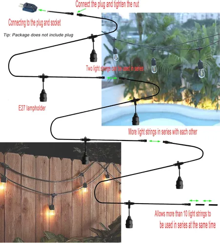 Vista 4 de Cadena de luces LED para exteriores, tira de luz de patio, cable de luz colgante con 4 enchufes colgantes, impermeable, reutilizable, kit de luces