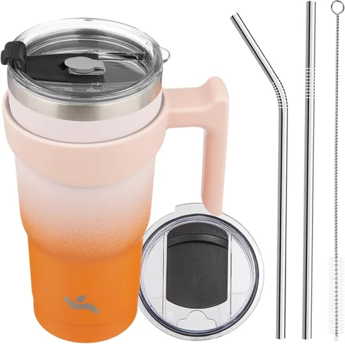 Vista 64 de Konokyo - Vaso de 10 onzas con asa y 2 popotes, 2 tapas, botella de agua aislada de acero inoxidable, taza de viaje reutilizable, color verde militar