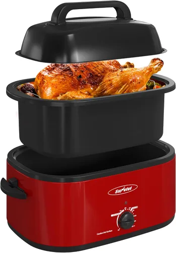 Vista 21 de Sunvivi Horno asador eléctrico con tapa visible, horno asador de pavo de 24 cuartos de galón con sartén y estante extraíbles, acero inoxidable