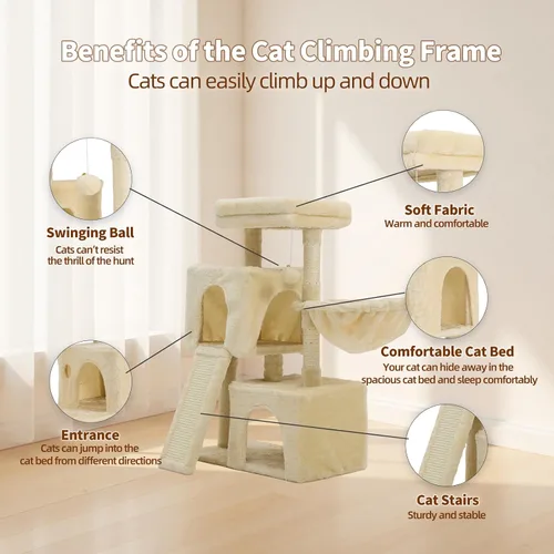 Vista 3 de Árbol para gatos de 35.8 pulgadas con cama doble para gatos y hamaca, rascador de felpa con plataforma cómoda para dormir y pelota de juguete