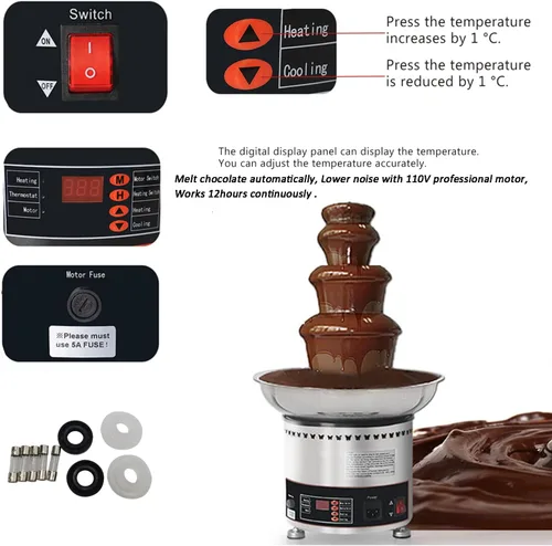 Vista 7 de Fuente de chocolate 110V eléctrica de 4 niveles Fuente de chocolate digital Máquina de fusión Fuente de fondue de calefacción, 6.6 lbs de chocolate