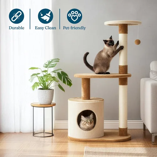 Vista 3 de PETMAKER Cat Tree Condo de 3 niveles con condominio y postes rascadores, 37.5 pulgadas, marrón y bronceado