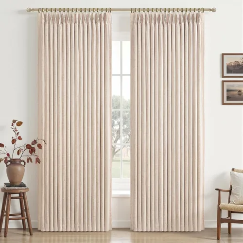 Vista 22 de Cortinas plisadas de lino opacas de 96 pulgadas de largo, juego de 2 paneles para oscurecer la sala de estar/dormitorio, cortinas térmicas virales