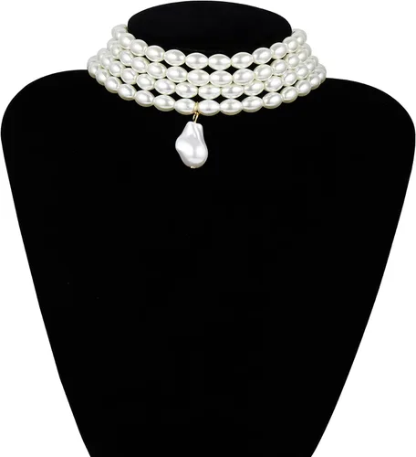 Vista 3 de Gargantilla de perlas multicapa para mujer, collar de perlas de novia para boda, collar de baile de los años 20, Metal