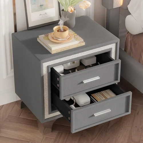 Vista 7 de base de cama de plataforma tamaño queen con 1 mesita de noche de conjunto 1+1, elegante cama tapizada de terciopelo con cabecero acolchado