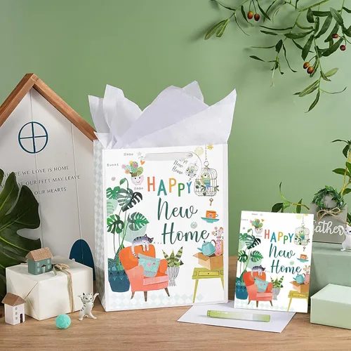 Vista 3 de Loveinside Bolsa de regalo para inauguración de la casa, diseño de hogar feliz con gato y plantas, bolsa de regalo de tamaño mediano con papel
