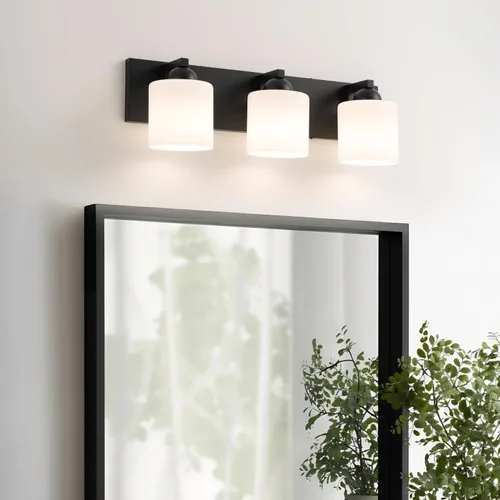 Vista 14 de mirrea Lámpara de tocador negra de 1 luz para espejo, aplique de pared de baño con pantallas de vidrio blanco esmerilado