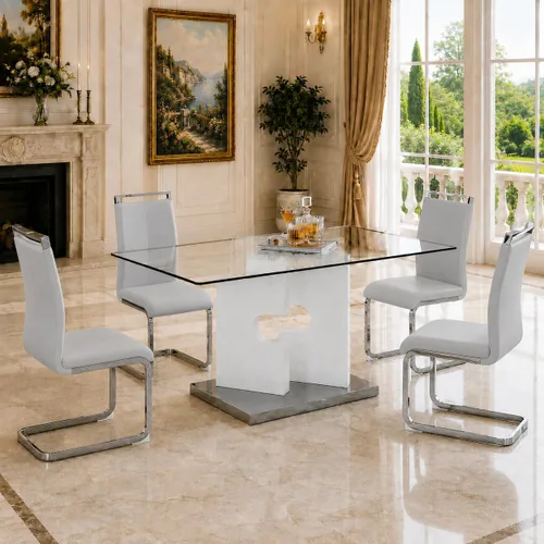 Vista 12 de Ebullient Juego de mesa de comedor de cristal de 63 pulgadas para 6, mesa de comedor de vidrio negro y base de MDF, mesa de cocina rectangular Mesa