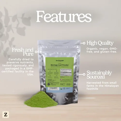 Vista 6 de Zen Polvo de hoja de moringa con principio orgánico, certificado por USDA, 1 libra