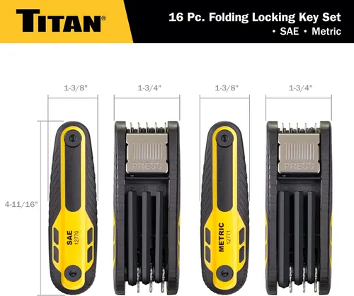 Vista 5 de Titan 12774 Juego de llaves Allen plegables de 16 piezas, métricas y SAE, juegos de llaves hexagonales con bloqueo a 90°, 135° y 180° mediante dos