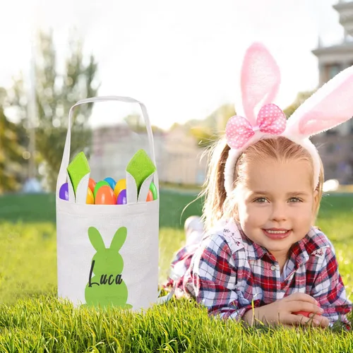 Vista 2 de Touber Cesta de Pascua, canastas de Pascua de algodón personalizadas para niñas y niños, rectangular, cestas de caza de huevos de Pascua con orejas