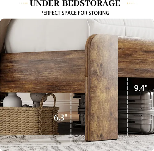 Vista 5 de Armazón de cama de madera tamaño King con cabecero - Plataforma de cama rústica estilo granja con soporte de listones de metal, resistente y sin