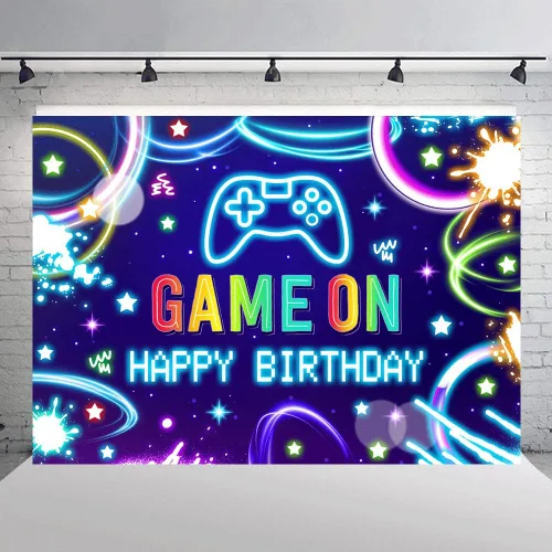 Vista 4 de Juego de 7 x 5 pies en el fondo de feliz cumpleaños, juego de noche, colorido videojuego Bday para decoración de fiesta de niños, tema de neón