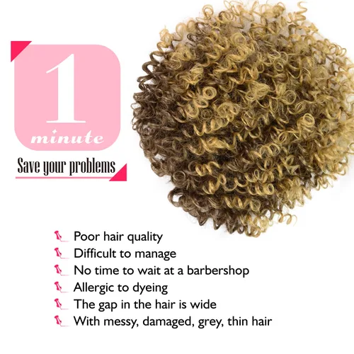 Vista 4 de Peluca de cabello corto afro natural rizado con flequillo, pelucas sintéticas con clip negro, para hombres y mujeres, con cabello delgado, volumen