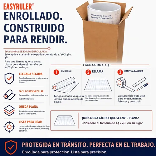 Vista 7 de Lámina de plástico transparente de policarbonato de 36 x 36 x 0.0625 pulgadas (1/16 pulgadas), exacta con película EasyRuler, resistente a