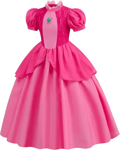 Vista 3 de Mooedcoe Disfraz de princesa melocotón para niñas pequeñas, vestidos de princesa melocotón con accesorios, vestido de princesa rosa