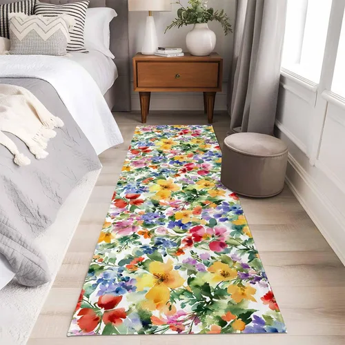 Vista 14 de Round Rugs 3 Feet, Green Yellow Floral Non Slip Area Rugs for Living Room, Bedroom, Barhroom, Entryway, Purple Blue Watercolor Retro Leaf Soft