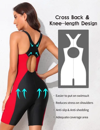 Vista 3 de beautyin Traje de baño de una pieza para mujer, traje de baño deportivo Boyleg hasta la rodilla