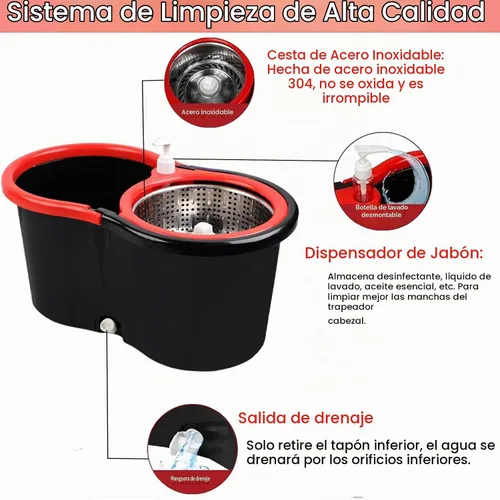 Vista 4 de Trapeador giratorio y cubo con juego de escurridor, sistema de cubo giratorio de 360° con 3 cabezales de repuesto de mopa de microfibra, mango