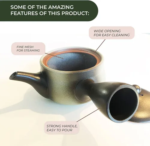 Vista 7 de Japanese Green Tea Co. Tetera japonesa de arcilla roja para té verde (9 onzas), tetera tradicional de arcilla fabricada en Tokoname con diseño