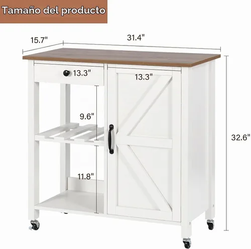 Vista 2 de Carrito pequeño de isla de cocina con ruedas con mesa de madera de 31.4