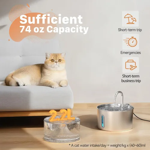Vista 2 de Fuente de agua para gatos de acero inoxidable: Fuente para gatos de 2,2 L para beber - Fuente de agua automática para mascotas para gatos