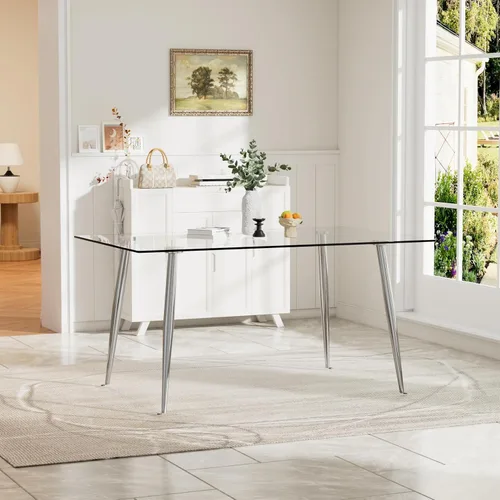 Vista 11 de Baysitone Mesa de comedor de cristal para 4 personas con tapa de vidrio rectangular transparente de 51 pulgadas, muebles de cocina de vidrio Negro