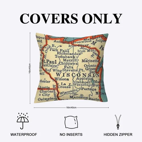 Vista 2 de Wisconsin Map - Fundas de almohada para exteriores, impermeables, 16 x 16 pulgadas, diseño de mapa del mundo, fundas de almohada decorativas
