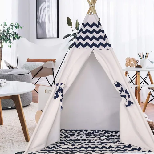 Vista 3 de Tienda de campaña tipi para niños, tienda de campaña con alfombra, casa de juegos para interiores y exteriores, lona india Tipi Wigwam, tipi Chevron